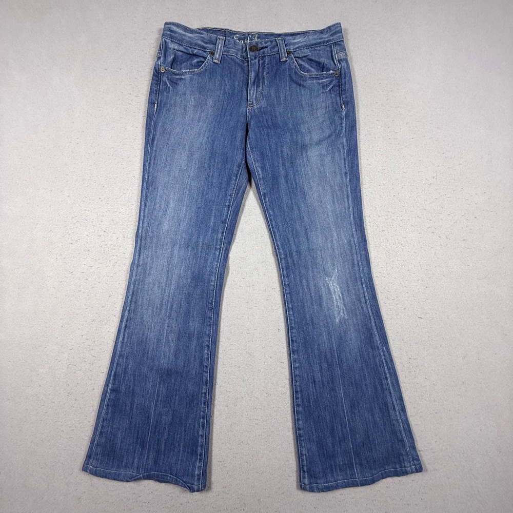 Earl Jean Womens Blue Flare Leg Denim Jeans Low Rise Button Flap Pockets Size 26